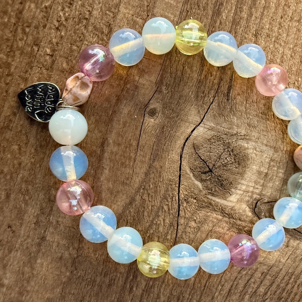 Colorful sea glass Beaded Bracelet with Heart Charm and mini pink skulls